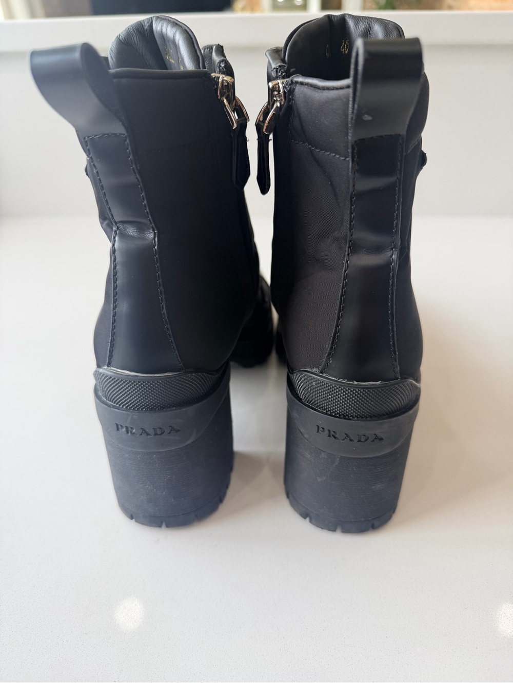 Prada Black Lug Sole Combat Heel Boots w/ Logo Plaque - Picture 2 of 4